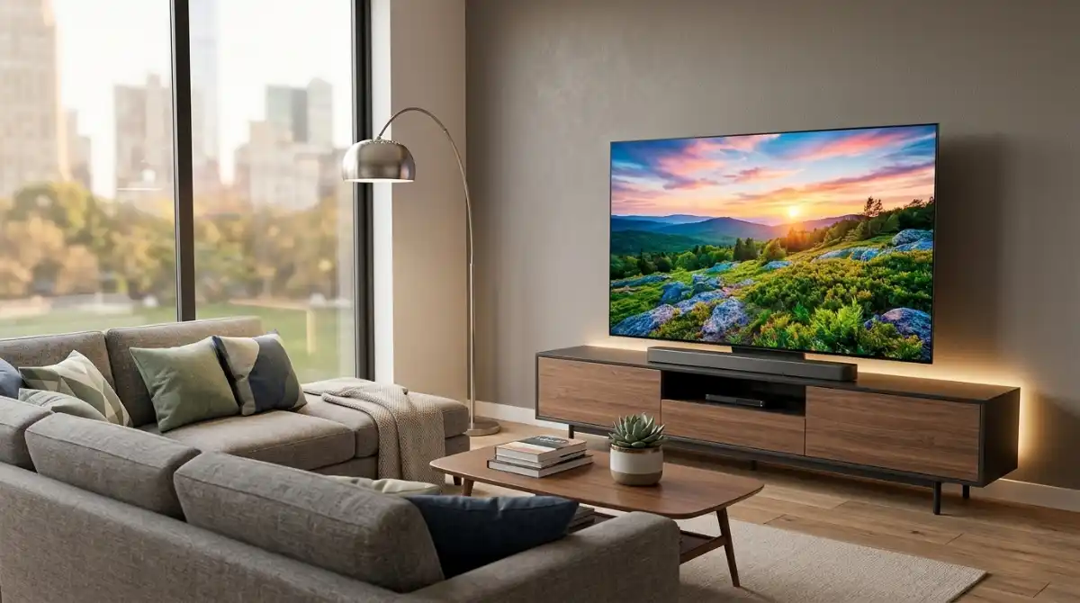Best TV For The Money (2026): 10 Value-Packed Models Modern smart TV displaying high-quality content in a living room with a premium home entertainment setup
