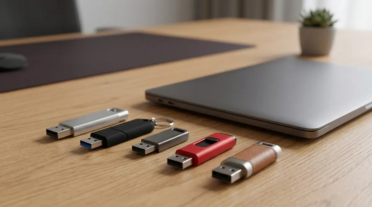 Best USB Flash Drives Under $20 (2026): 12 Budget Picks Collection of affordable USB flash drives arranged on a clean desk highlighting different storage and speed options