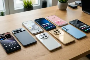 Modern unlocked smartphones displayed together showing different designs, features, and models for a phone buying guide