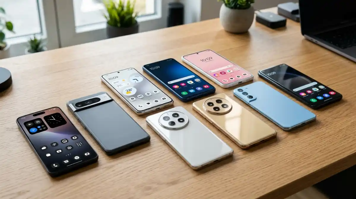 Best Unlocked Phones 2026: 12 Models Tested by Experts Modern unlocked smartphones displayed together showing different designs, features, and models for a phone buying guide