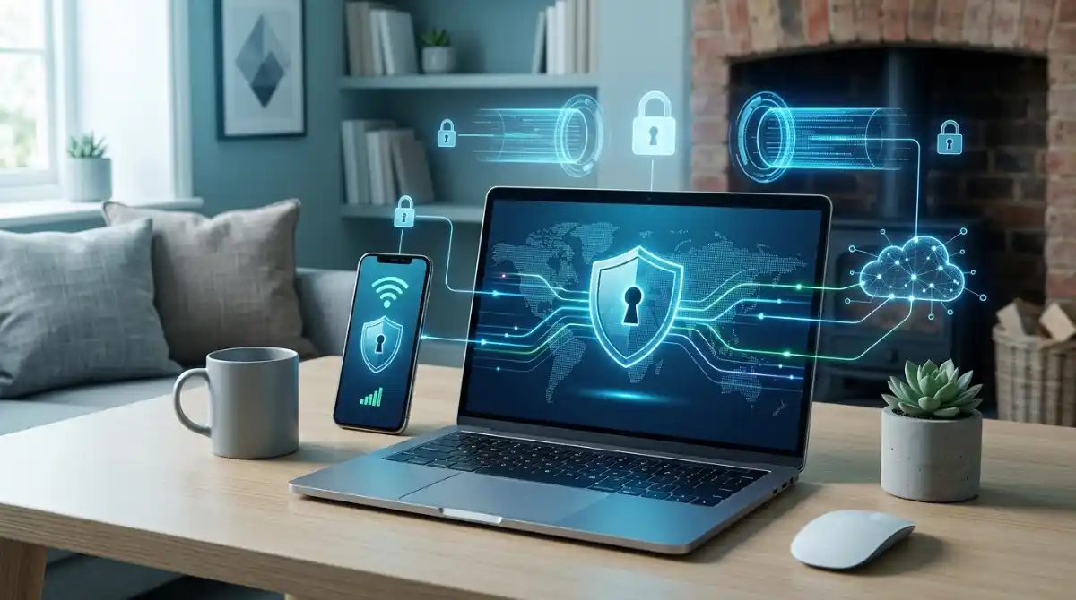 Best VPN Services Under $5/Month (2026): Top 8 Picks Modern laptop and smartphone displaying a secure VPN connection with privacy and cybersecurity elements
