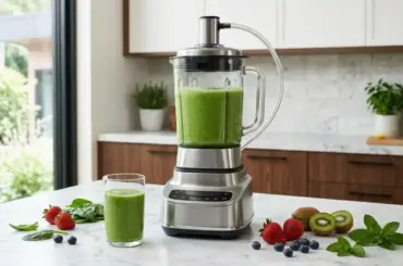 Modern vacuum blender with fresh ingredients on a kitchen counter showing a premium kitchen appliance review concept