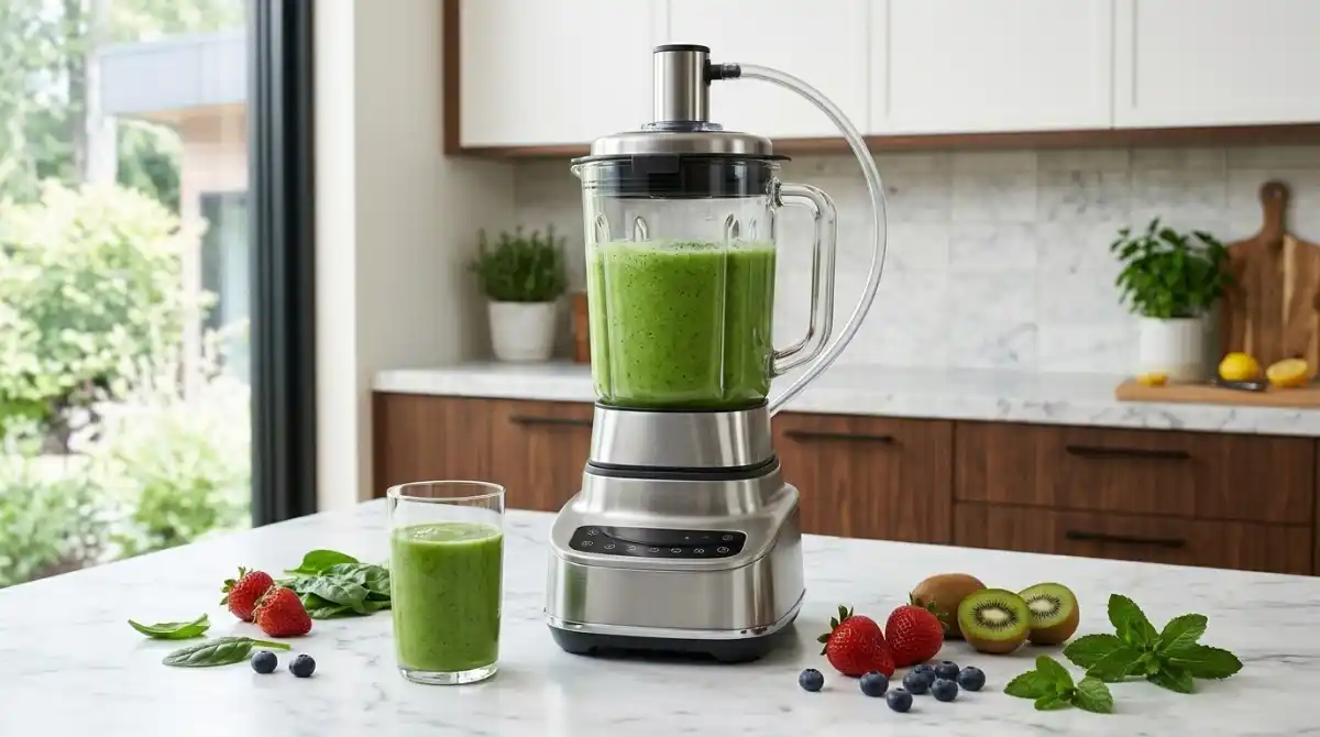 Best Vacuum Blenders 2026: Top 10 Vacuum Blender Reviews Modern vacuum blender with fresh ingredients on a kitchen counter showing a premium kitchen appliance review concept