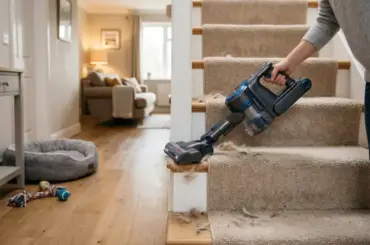 Modern vacuum cleaner removing pet hair from carpeted stairs in a clean home environment