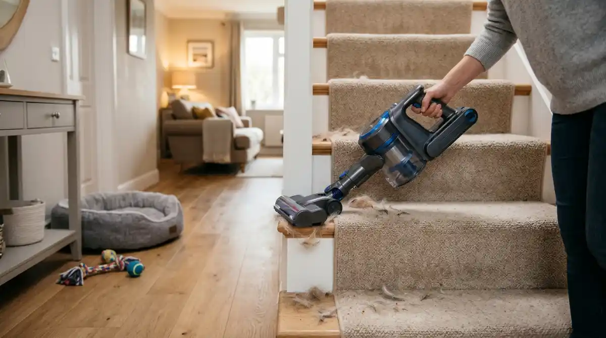 Best Vacuums On The Market For Pet Hair And Stairs 2026 Modern vacuum cleaner removing pet hair from carpeted stairs in a clean home environment