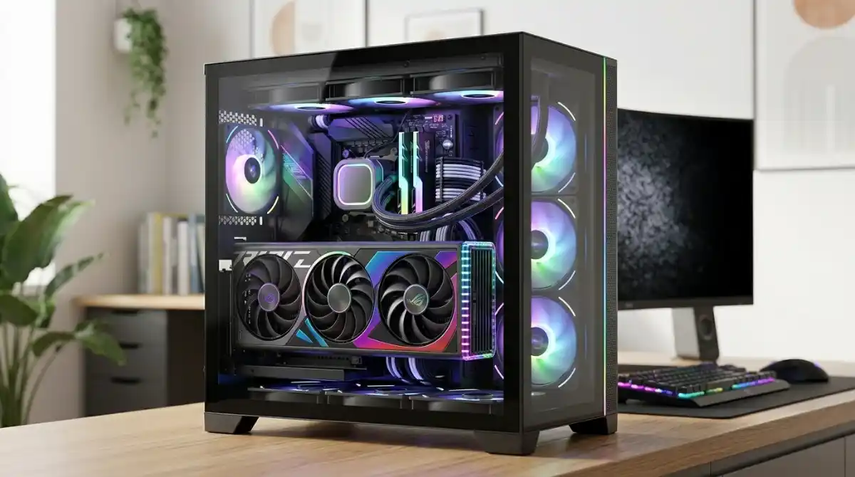 Best Vertical Mount GPUs (2026): 8 Expert-Tested Picks High-end graphics card installed vertically inside a modern RGB gaming PC with excellent cable management and airflow