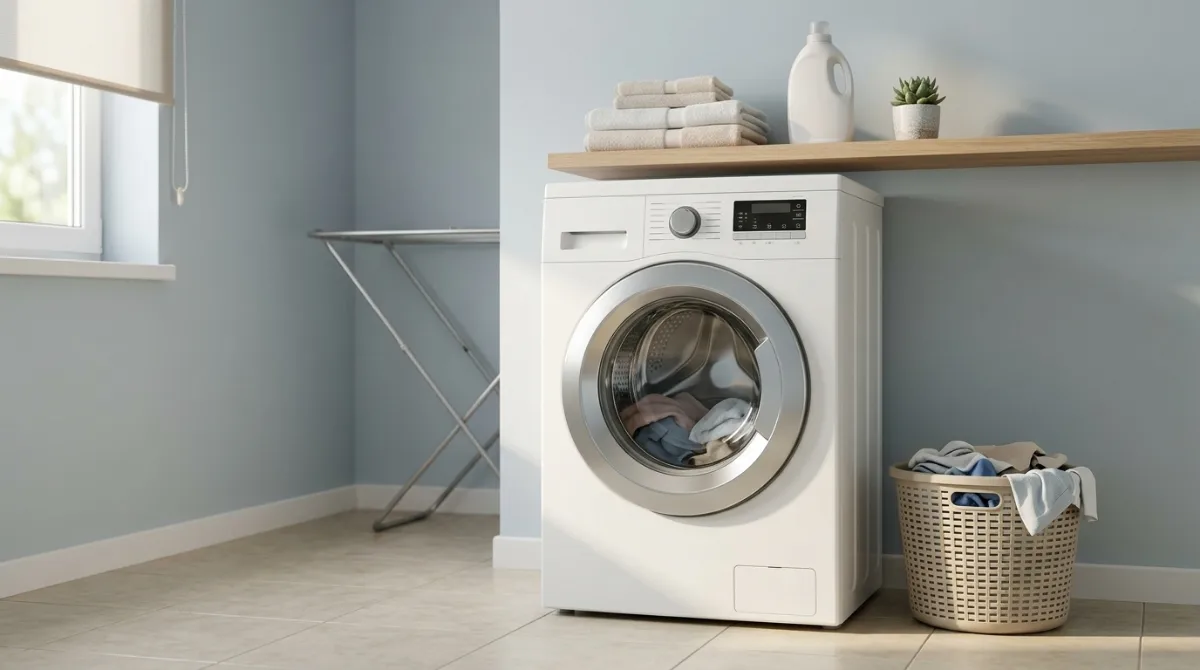 Best Washing Machine Under 1000 (2026): 8 Budget Picks Tested Modern washing machine in a clean laundry room showing an affordable budget-friendly home appliance setup