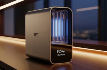 A premium 2026 WiFi 7 mesh extender node showcasing high-speed data throughput on an integrated OLED display and advanced Multi-Link Operation technology.