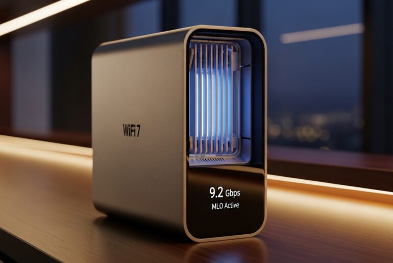 A premium 2026 WiFi 7 mesh extender node showcasing high-speed data throughput on an integrated OLED display and advanced Multi-Link Operation technology.