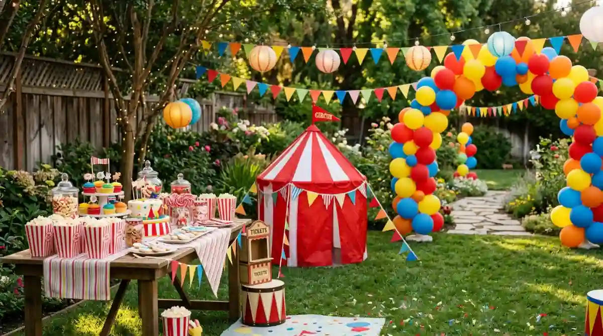 Circus Party Ideas (2026): Plan the Perfect Big Top Party Colorful circus-themed party setup with a big top tent, balloons, decorations, and festive tables for a celebration