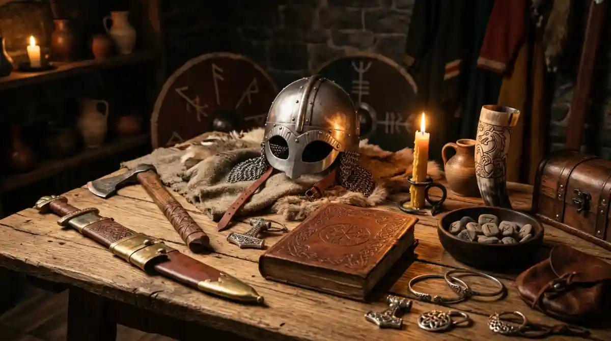 Viking Gift Ideas: Best Norse Presents for History Fans Collection of Viking themed gifts including Norse artifacts, historical books, and medieval inspired accessories on a wooden table