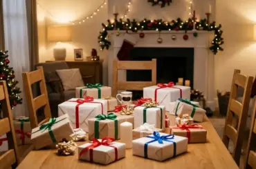 Friends participating in a white elephant gift exchange party with wrapped presents and a fun group celebration