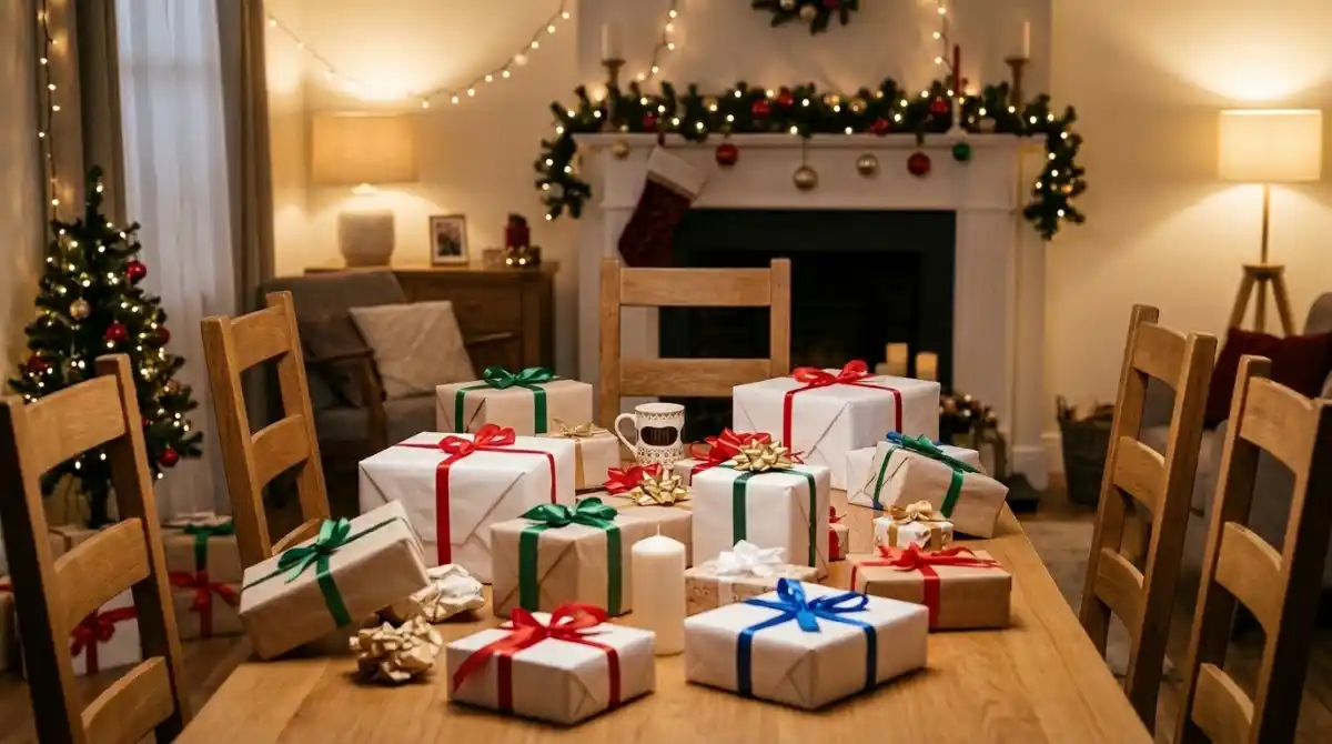 What Is White Elephant Gift Exchange: Rules & Hosting Guide Friends participating in a white elephant gift exchange party with wrapped presents and a fun group celebration