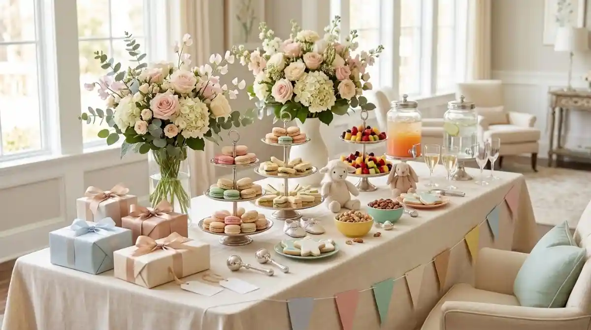 What Is a Sip and See Party? Complete 2026 Planning Guide Elegant sip and see party setup with baby decorations, refreshments, flowers, and guests celebrating a newborn arrival
