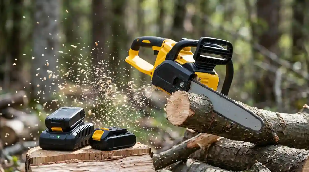 Best Battery Chainsaws (2026): 10 Top Picks Tested Modern cordless battery chainsaw cutting a large tree branch outdoors with extra battery packs placed nearby