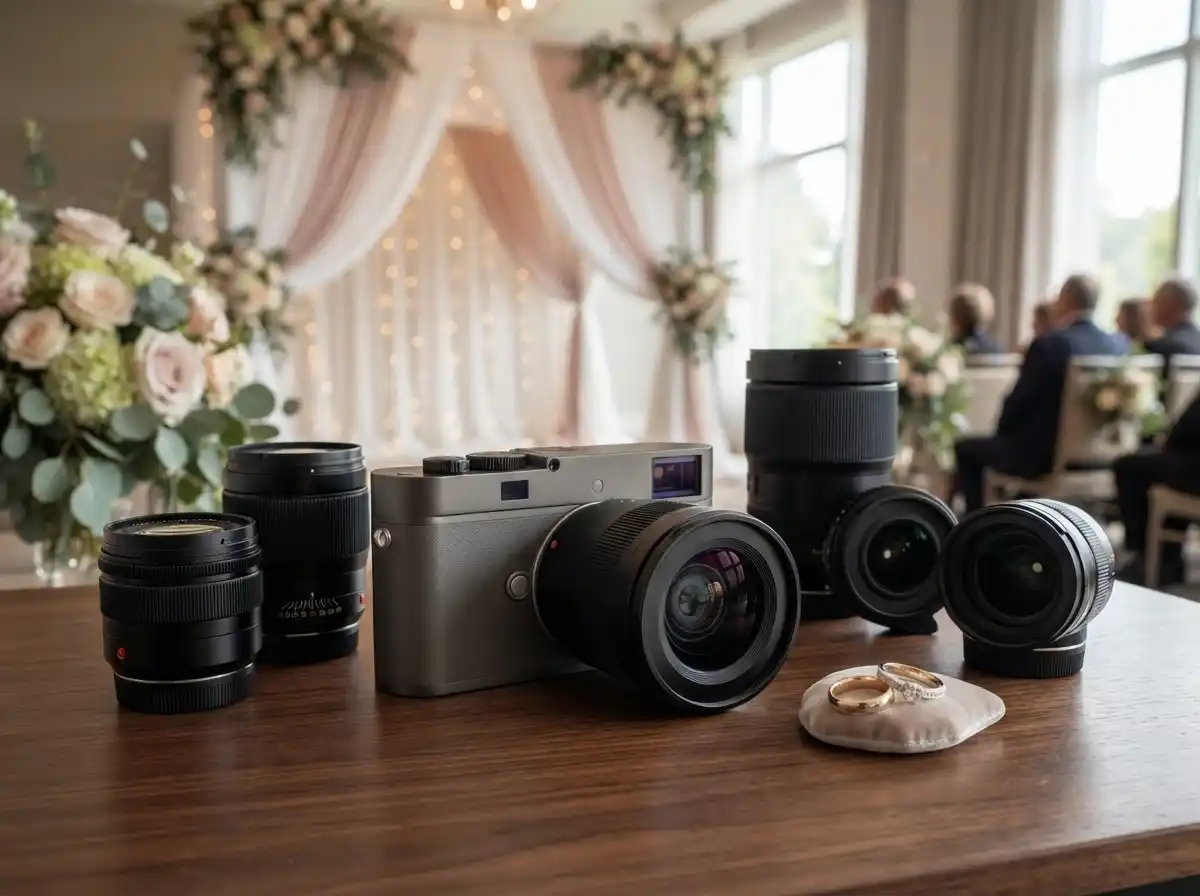 Best Camera Lenses Wedding Photography 2026: 12 Essential Lenses Professional DSLR camera with multiple camera lenses arranged beside a wedding bouquet and elegant wedding venue
