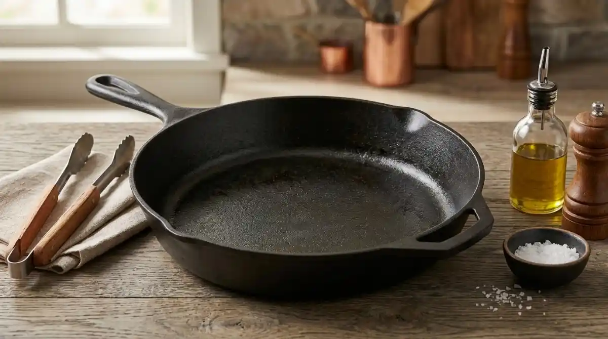 Best Cast Iron Skillet (2026): 12 Expert-Reviewed Pans Premium cast iron skillet on a rustic wooden kitchen countertop with freshly cooked food and cooking utensils