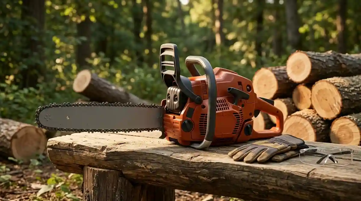 Best Chainsaw (2026): Top 10 Models Tested for Every Need Modern chainsaw placed on a wooden surface outdoors with cut logs and protective gear for tree cutting tasks