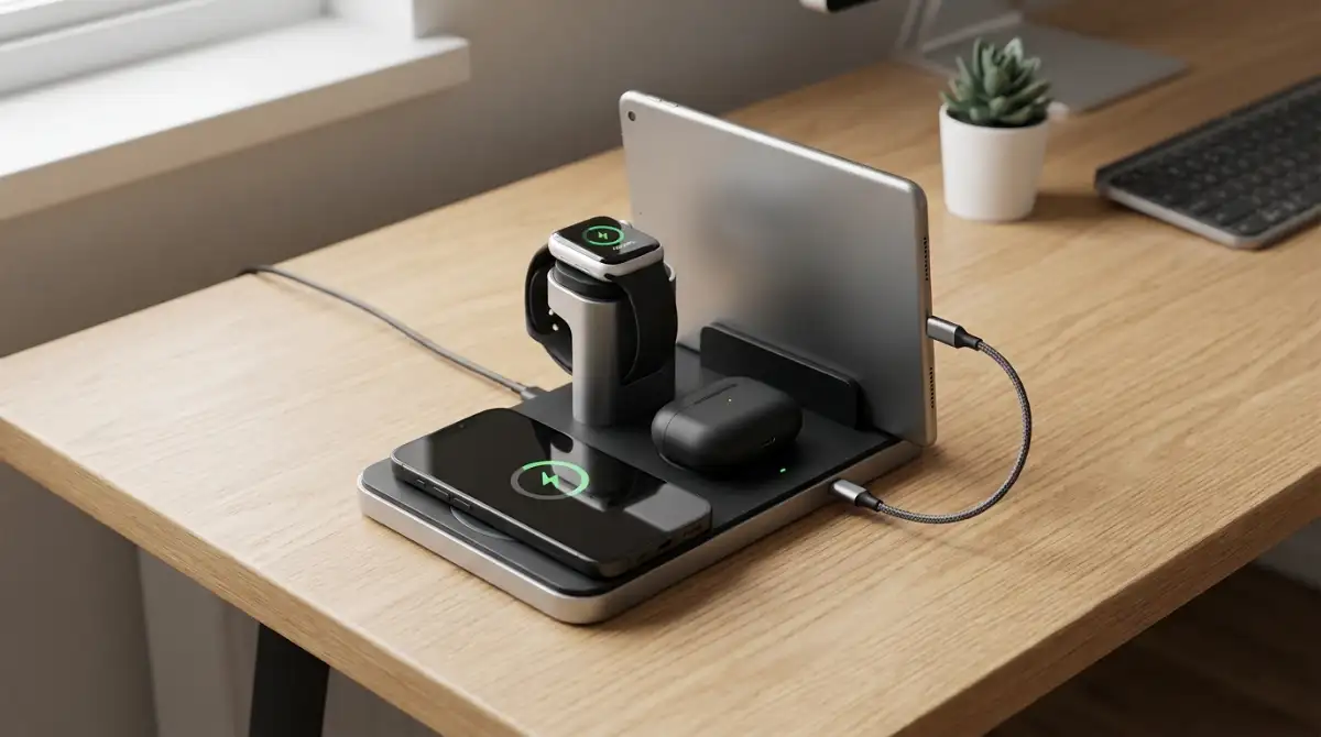 Best Charging Stations (2026): Multi-Device Buying Guide Modern multi-device charging station charging a smartphone, smartwatch, wireless earbuds, and tablet on a clean desk