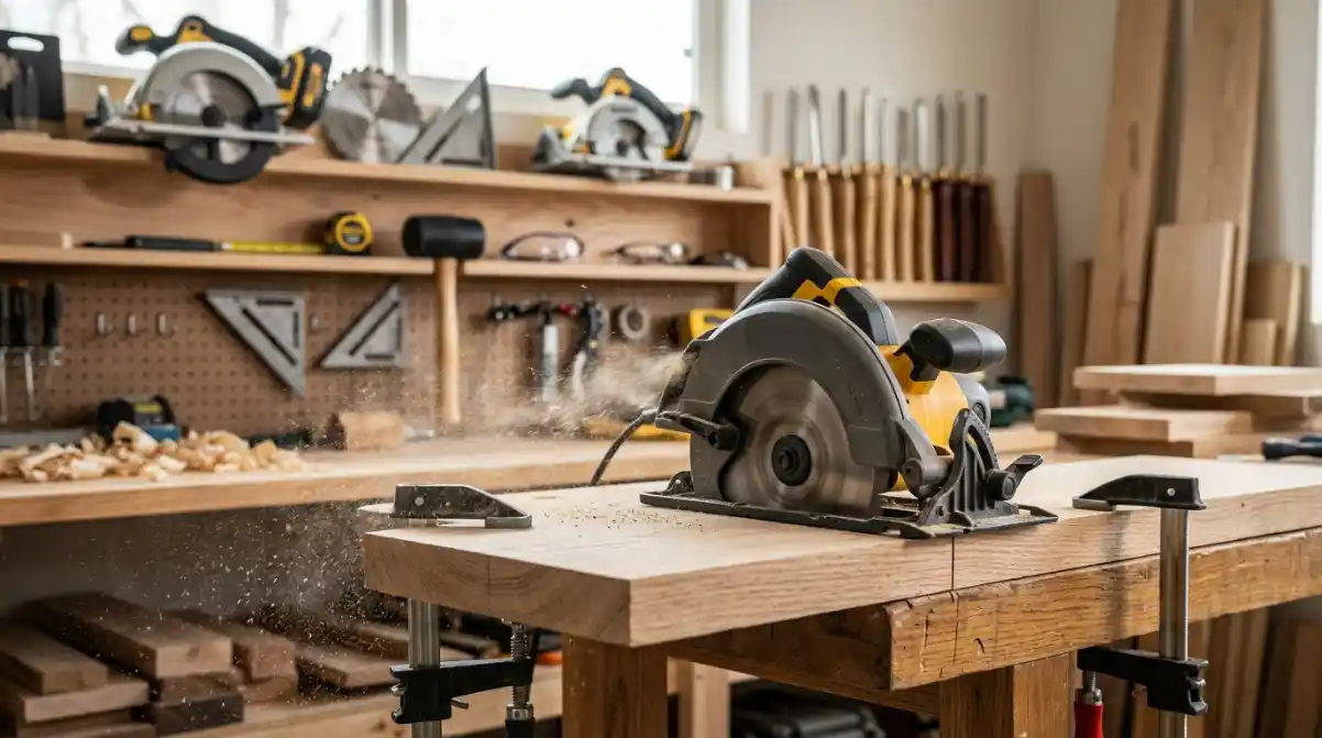 Best Circular Saws (2026): 8 Top-Rated Models Reviewed Professional circular saw cutting through a wooden board in a modern workshop with woodworking tools