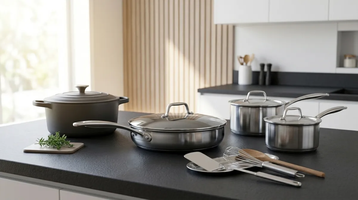 Best Cookware Sets (2026): 12 Top-Rated Sets Tested Premium cookware set with stainless steel pots and pans arranged on a modern kitchen countertop