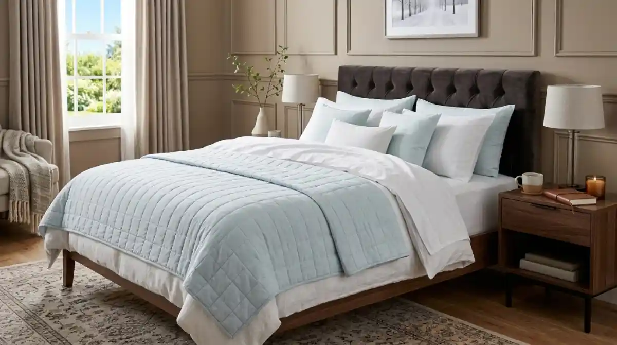 Best Cooling Sheets (2026): Top 12 for Hot Sleepers Premium cooling bed sheets neatly arranged on a modern bed in a bright bedroom designed for hot sleepers
