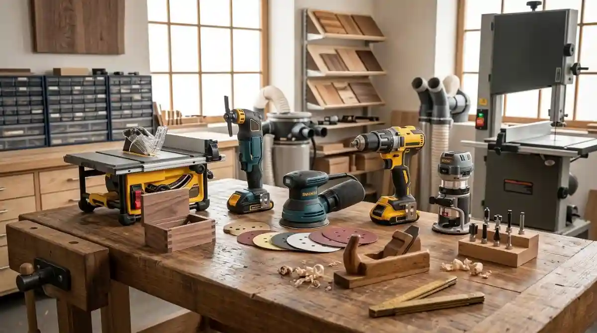 Best Cordless Drills (2026): Top 12 Expert Picks Professional cordless drill with drill bits and batteries arranged on a wooden workbench in a modern workshop