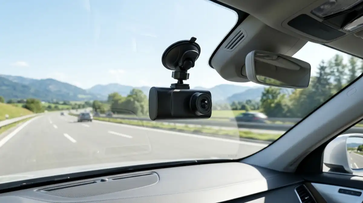 Best Dash Cams (2026): 10 Models Tested for Every Budget Modern dashboard camera mounted on a car windshield recording a scenic highway with clear daytime driving conditions