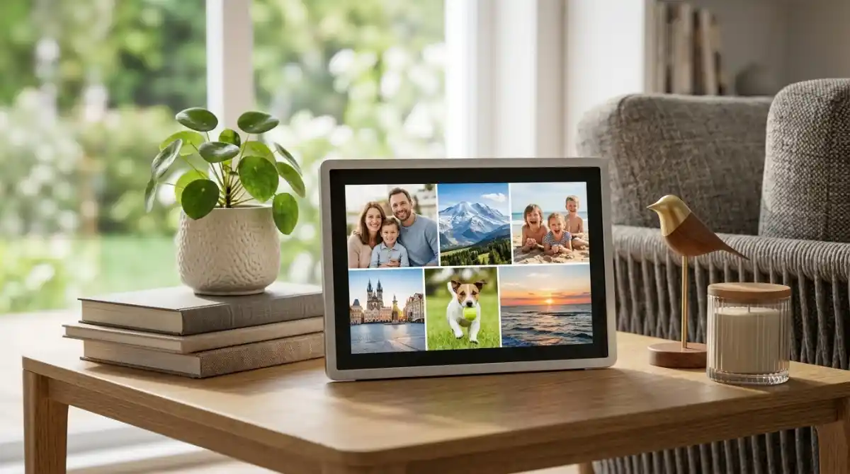 Best Digital Picture Frames (2026): Top 10 Tested Modern digital picture frame displaying family photos on a stylish living room shelf with contemporary home décor