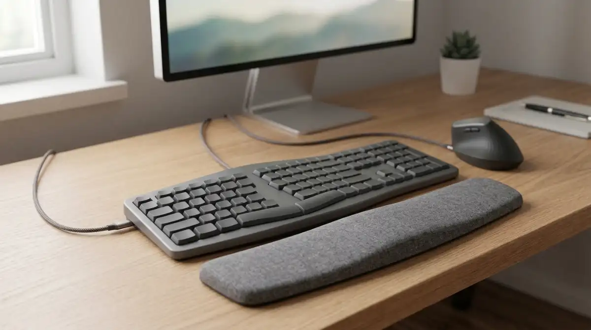 Best Ergonomic Keyboards (2026): Top Picks for Comfort Modern ergonomic keyboard on a clean desk with an ergonomic mouse and wrist rest in a comfortable workspace