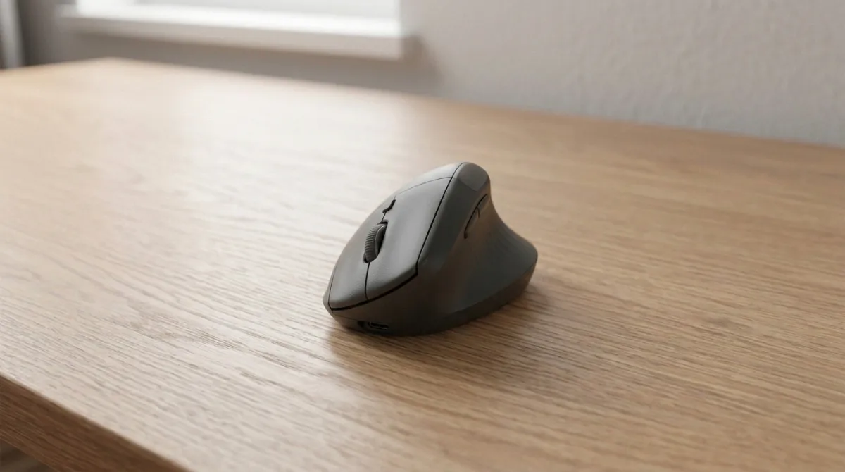 Best Ergonomic Mouse (2026): Top 10 Picks for Wrist Relief Modern ergonomic wireless mouse placed on a clean office desk beside a keyboard and laptop for comfortable everyday use