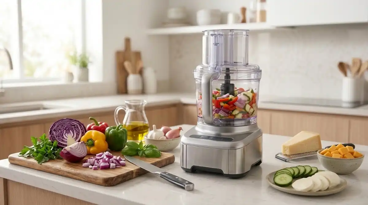 Best Food Processors (2026): 10 Chef-Tested Models Modern food processor with fresh vegetables and kitchen ingredients prepared on a clean countertop for meal preparation