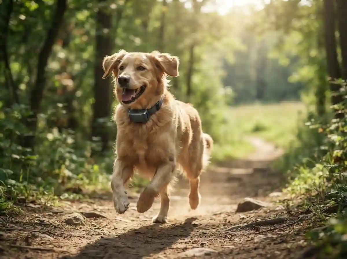 10 Best GPS Dog Collars (2026): Top Picks & Expert Reviews Golden Retriever wearing a modern GPS dog collar while running outdoors in a park with a visible tracking device