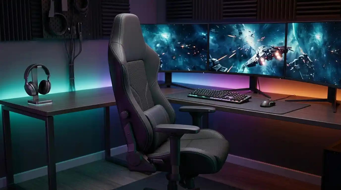 Best Gaming Chairs (2026): 12 Expert-Tested Picks Modern ergonomic gaming chair positioned at a stylish RGB gaming desk setup with multiple monitors and gaming accessories