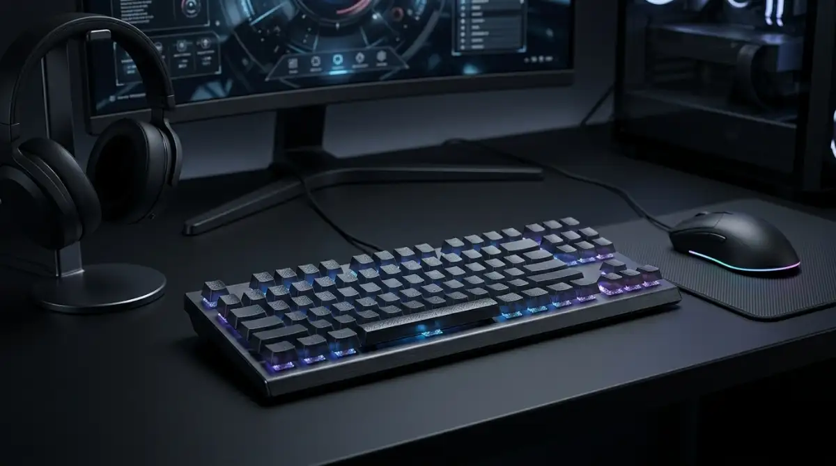 Best Gaming Keyboard (2026): Top 12 Picks for Every Budget RGB gaming keyboard on a modern gaming desk with a gaming monitor and computer setup in the background