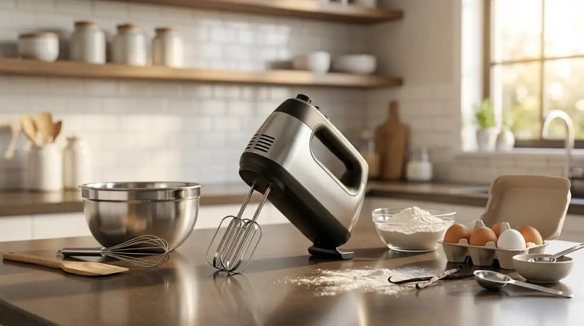 Best Hand Mixer (2026): Top 10 Models Tested & Reviewed Modern electric hand mixer with beaters placed on a kitchen countertop beside baking ingredients and mixing bowls