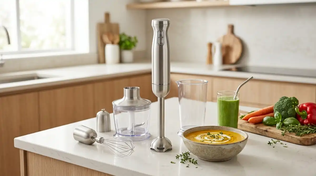 Best Immersion Blenders (2026): Complete Buying Guide Modern stainless steel immersion blender with blending attachments beside a bowl of fresh soup and vegetables in a contemporary kitchen