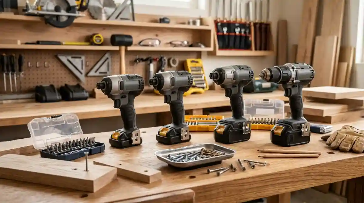 Best Impact Drivers (2026): 12 Models Tested & Compared Modern cordless impact drivers arranged on a workbench with drill bits and woodworking tools in a professional workshop