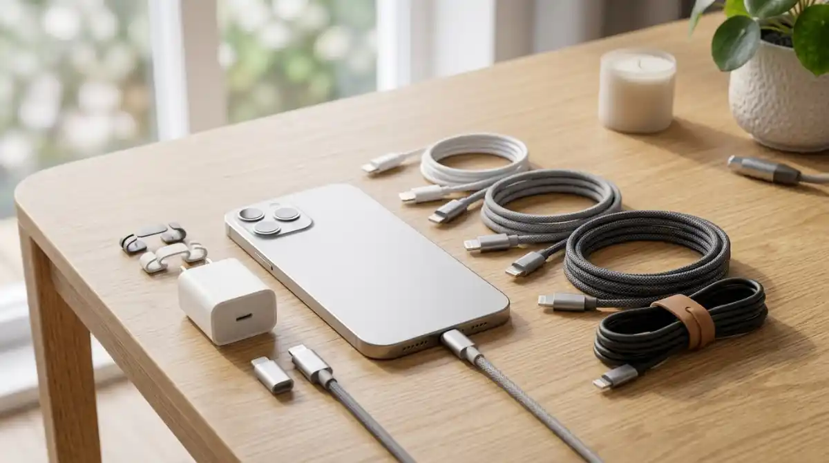 Best Lightning Cables (2026): 12 MFi-Certified Picks Collection of premium MFi-certified Lightning charging cables neatly arranged beside a modern iPhone on a clean desk
