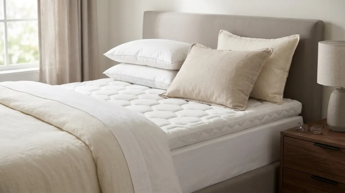 Best Mattress Topper 2026: 10 Models Tested for 45 Days Premium memory foam mattress topper placed on a modern bed in a bright and comfortable bedroom