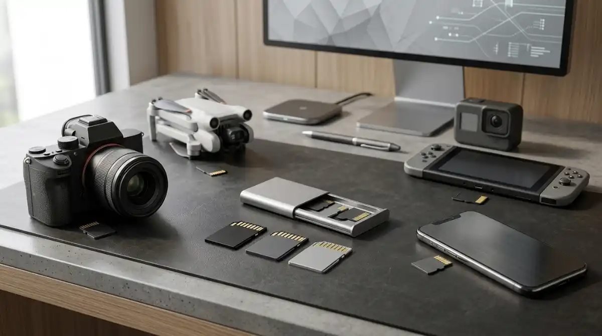 Best MicroSD Cards (2026): Top 10 Tested Picks Collection of high-speed microSD cards arranged beside a camera, smartphone, drone, and gaming handheld to showcase versatile storage options