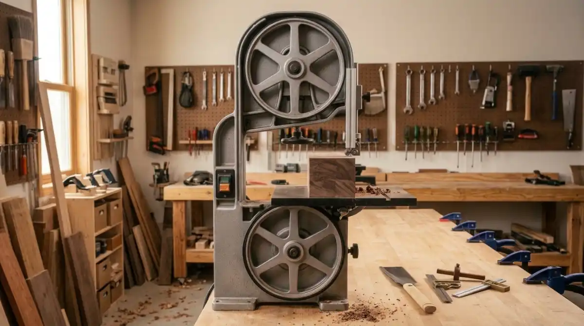 Best Miter Saw (2026): Top 10 Models Tested Professional sliding compound miter saw cutting a wooden board in a modern woodworking workshop