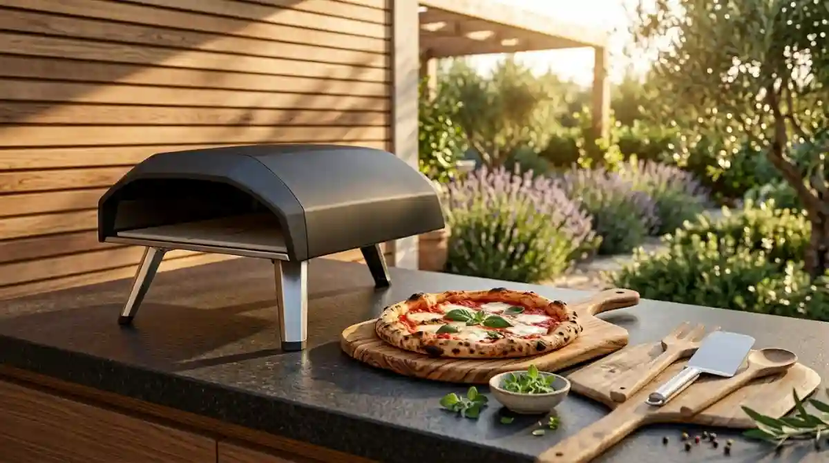 Best Pizza Ovens (2026): Restaurant-Quality Pizza at Home Modern home pizza oven on an outdoor kitchen counter with a freshly baked pizza and cooking accessories