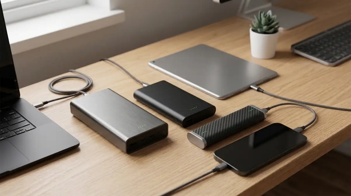 Best Power Banks (2026): 12 Top Models Tested & Rated Modern portable power banks with USB-C fast charging ports arranged beside a smartphone, tablet, and laptop on a clean desk