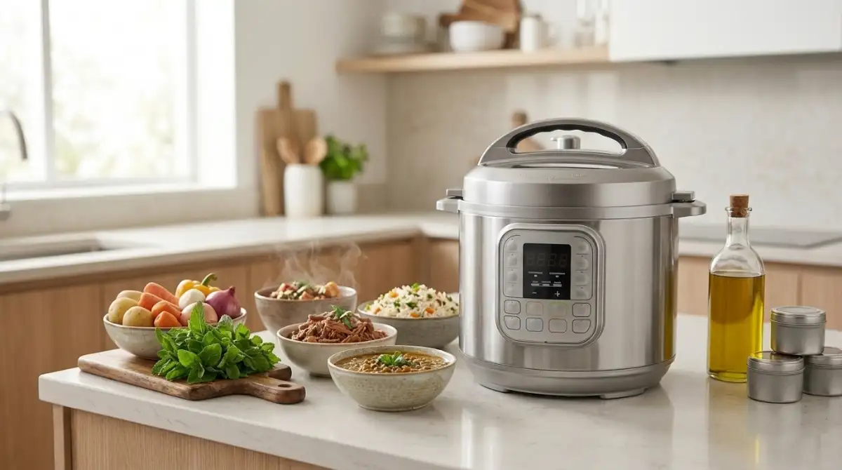 Best Pressure Cookers (2026): Top Expert Picks Modern stainless steel electric pressure cooker on a kitchen countertop with freshly prepared healthy meals and cooking ingredients