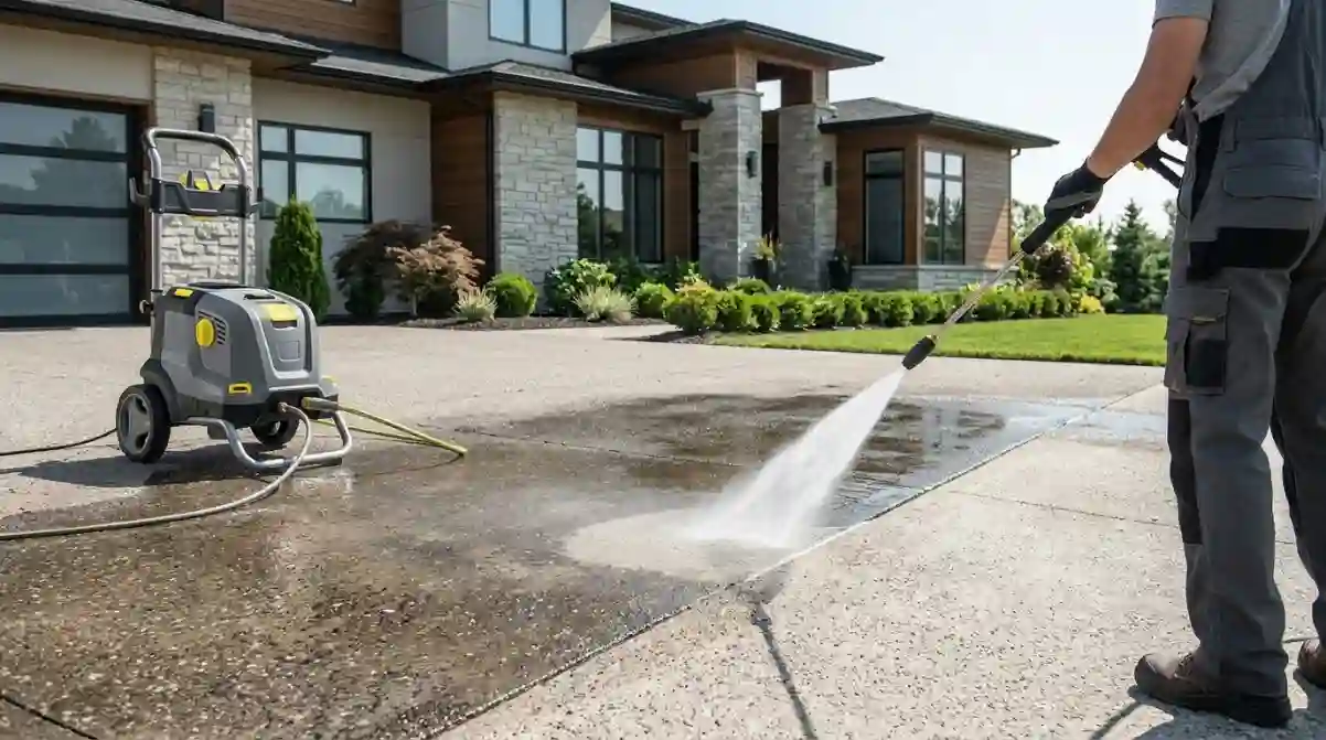 Best Pressure Washers (2026): Find Your Perfect Match Modern pressure washer cleaning a residential driveway with a powerful stream of water removing dirt and grime