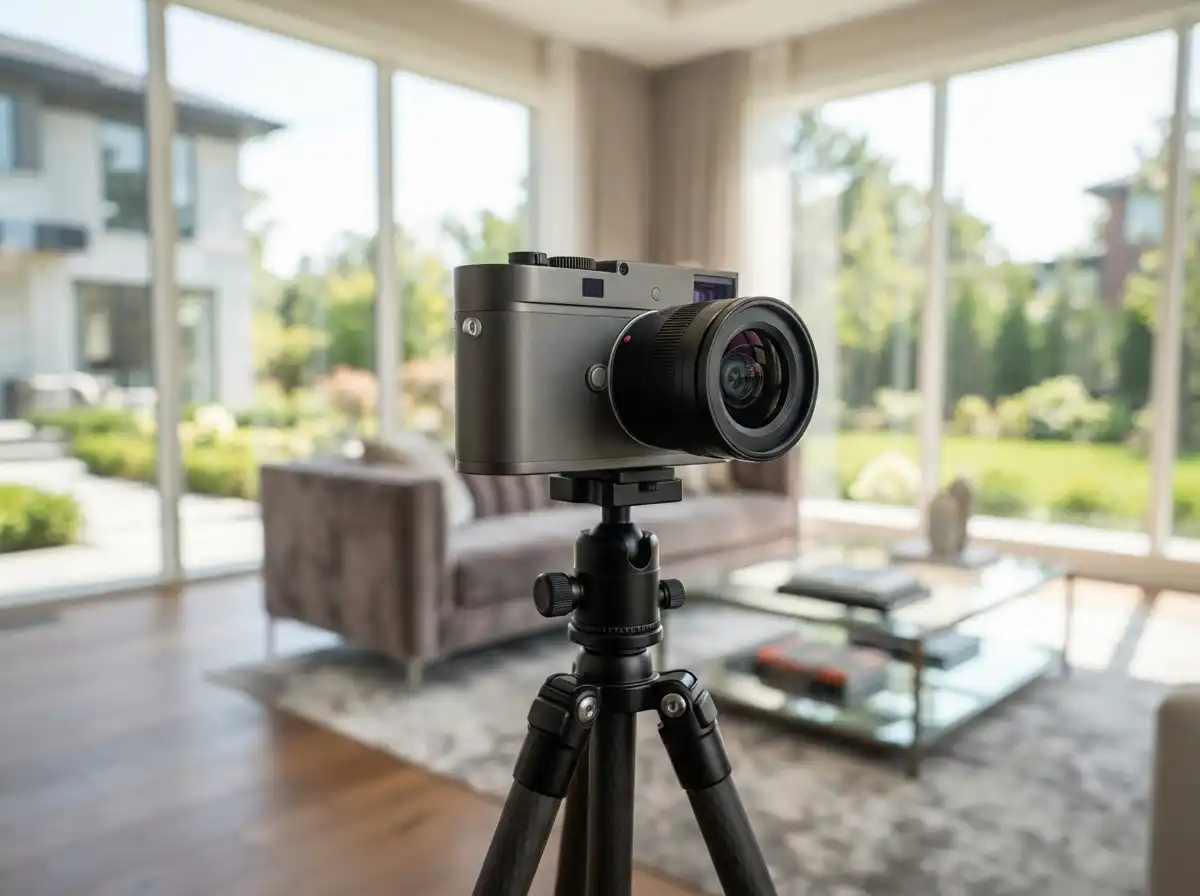 Best Real Estate Photography Lens 2026: Expert Reviews & Comparisons Professional wide-angle camera lens positioned on a DSLR camera capturing the interior of a modern luxury home