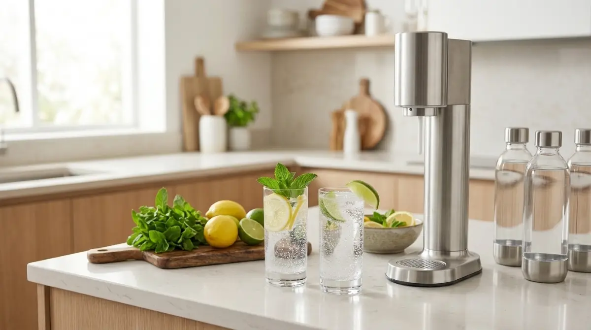 Best Soda Makers (2026): Top Sparkling Water Machines Modern sparkling water maker on a kitchen countertop with a reusable bottle filled with freshly carbonated water