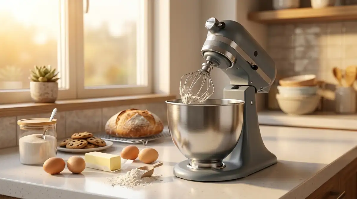 Best Stand Mixer (2026): 12 Expert-Tested Models Premium stand mixer on a modern kitchen countertop with a mixing bowl, baking ingredients, and freshly baked bread