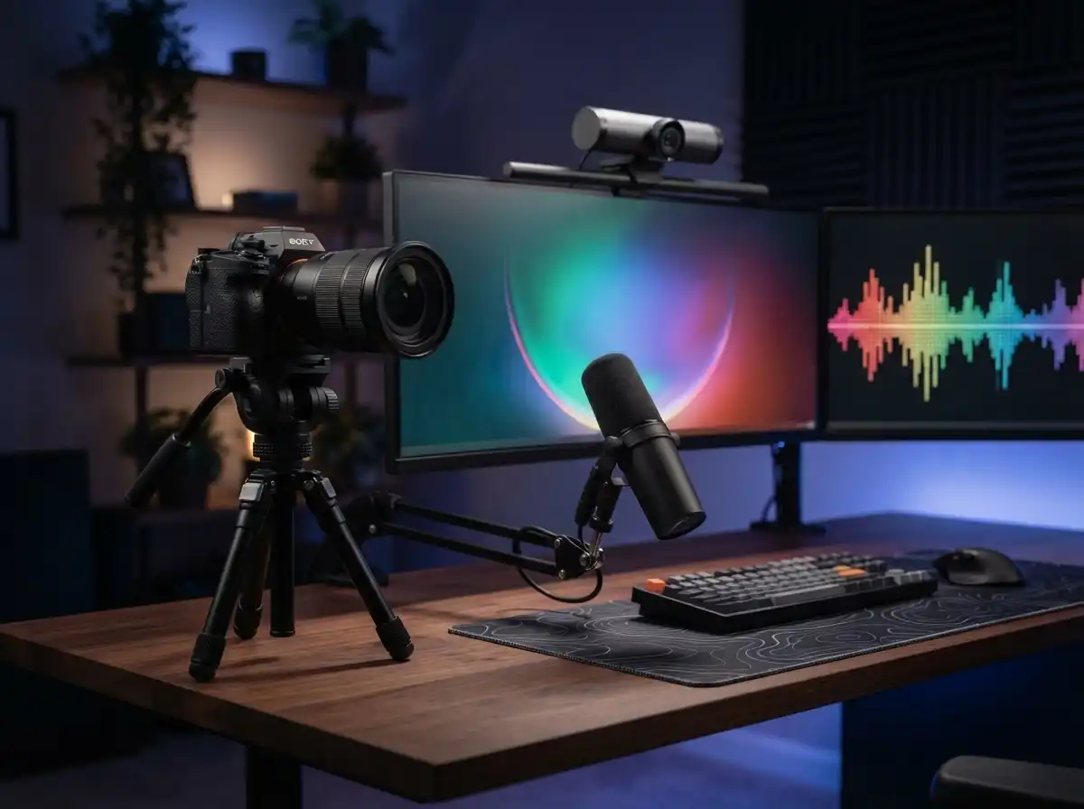 5 Best Streaming Cameras for Every Budget (2026) Modern streaming setup featuring a professional camera, webcam, microphone, and dual monitors for high-quality live streaming